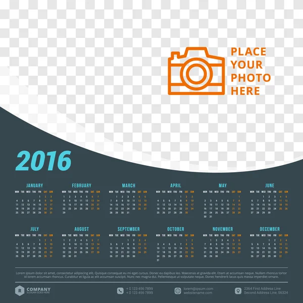 Calendar 2016 Vector Design Template. Week Starts Monday — Stock Vector