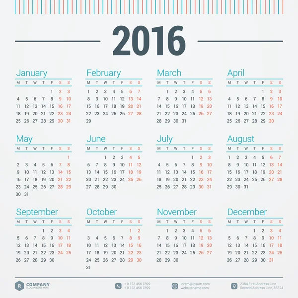 Kalender 2016 Vector ontwerpsjabloon. Week begint maandag — Stockvector