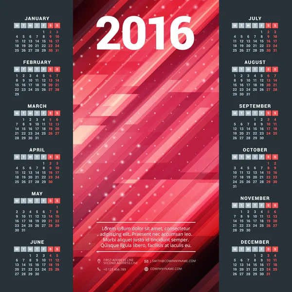 Takvim 2016 vektör tasarım şablonu. Hafta başlıyor Pazartesi