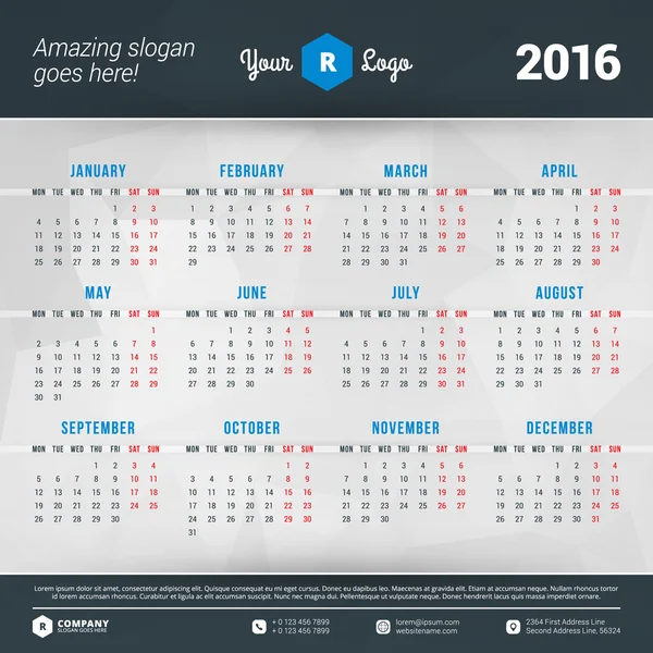 Calendario 2016 plantilla de diseño vectorial. La semana comienza el lunes — Archivo Imágenes Vectoriales