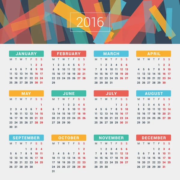 Calendar 2016 Vector Design Template. Week Starts Monday — Stock Vector