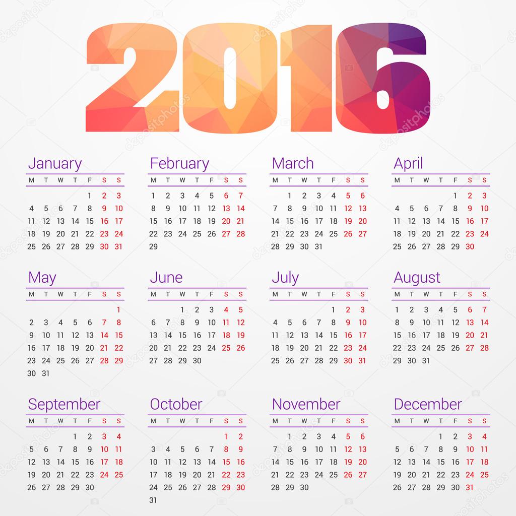 Calendar 2016 Vector Design Template. Week Starts Monday
