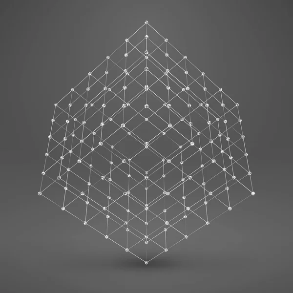 Tel kafes çokgen öğe. çizgiler ve noktalar ile 3D küp — Stok Vektör