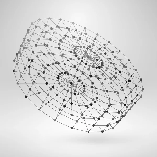 Elemento poligonal Wireframe. Cilindro 3D con líneas y puntos — Vector de stock