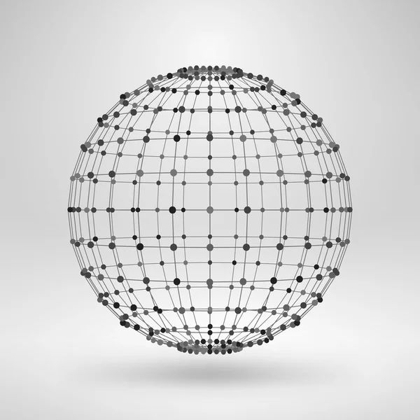 Wireframe Polygonal Element. 3D Sphere with Lines and Dots — Stock Vector