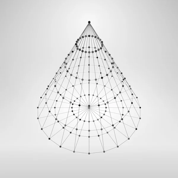 Elemento poligonal Wireframe. Cone 3D com Linhas e Pontos — Vetor de Stock