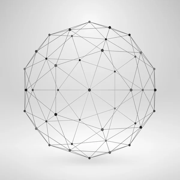 Wireframe Polygonal Element. 3D Sphere with Lines and Dots — Stock Vector