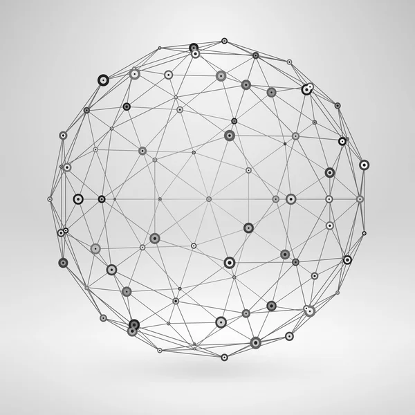 Drahtgestell polygonales Element. 3D Kugel mit Linien und Punkten — Stockvektor