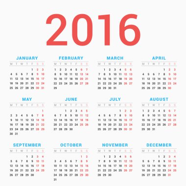 Beyaz arka plan üzerinde 2016 için takvim. Hafta başlıyor Pazartesi. Basit vektör şablonu