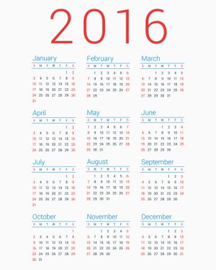 Beyaz arka plan üzerinde 2016 için takvim. Hafta başlar Pazar. Basit vektör şablonu