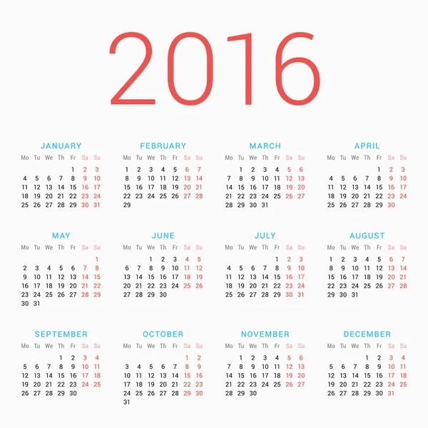 Kalender voor 2016 op witte achtergrond. Week begint maandag. Eenvoudige Vector sjabloon — Stockvector