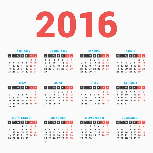 Календар на 2016 рік на білому тлі. Тиждень починається з понеділка. Простий векторний шаблон — стоковий вектор