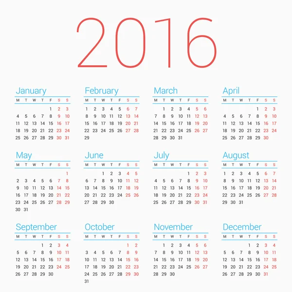 Calendario para 2016 en Fondo Blanco. La semana empieza el lunes. Plantilla de vector simple — Archivo Imágenes Vectoriales