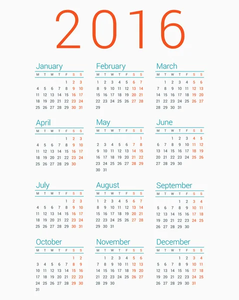 Calendar for 2016 on White Background. Week Starts Monday. Simple Vector Template — Stock Vector