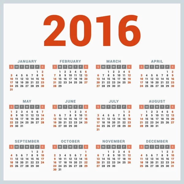 Calendar for 2016 on White Background. Week Starts Sunday. Simple Vector Template — Stock Vector