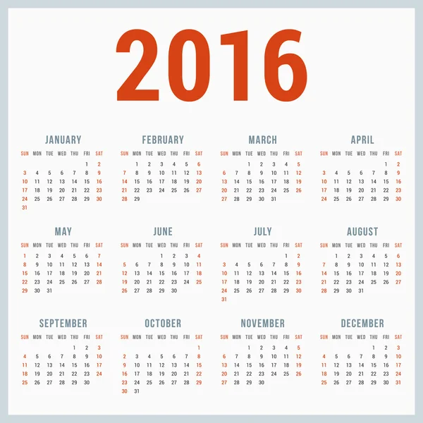 Calendar for 2016 on White Background. Week Starts Sunday. Simple Vector Template — Stock Vector