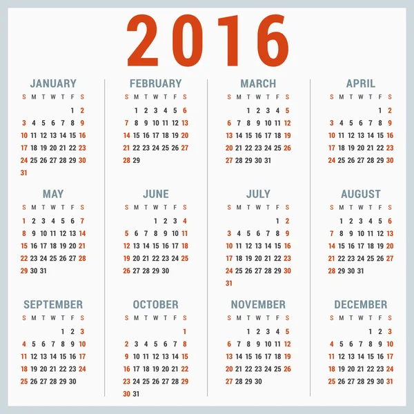 Calendario para 2016 en Fondo Blanco. La semana empieza el domingo. Plantilla de vector simple — Vector de stock