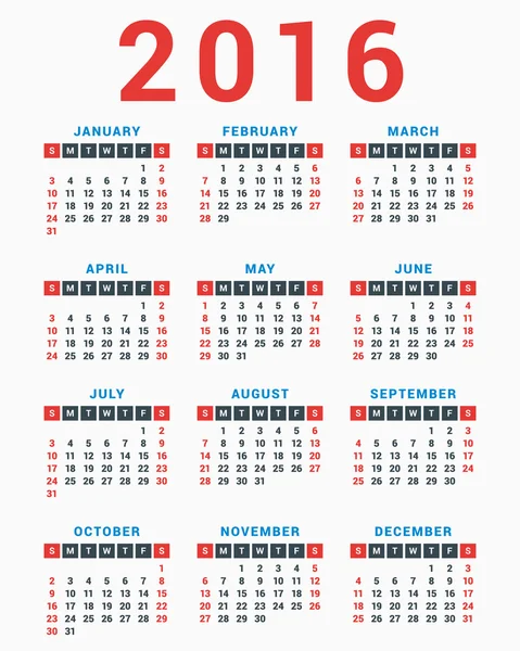 Calendrier 2016 sur fond blanc. La semaine commence dimanche. Modèle vectoriel simple — Image vectorielle