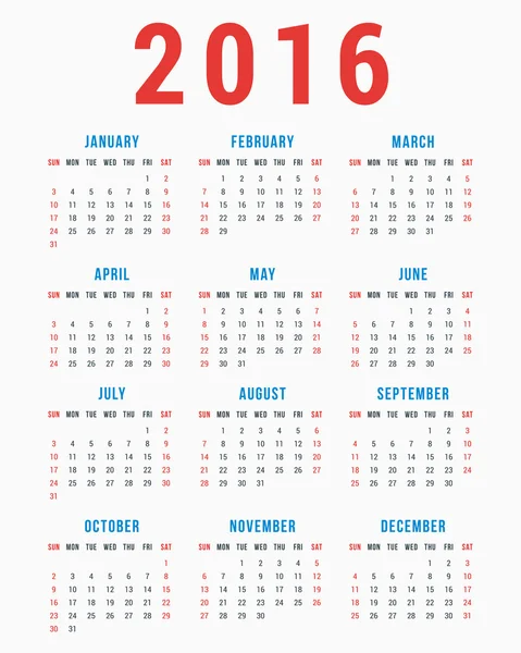 Kalendář pro 2016 na bílém pozadí. Týden začíná neděle. Jednoduché vektorové šablona — Stockový vektor