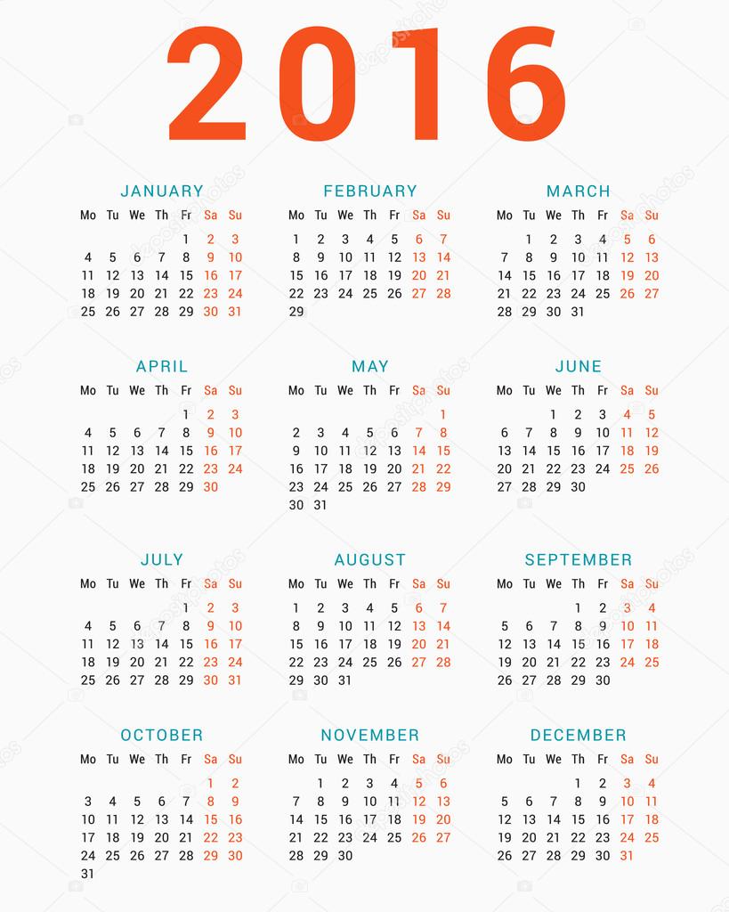 Calendar for 2016 on White Background. Week Starts Monday. Simple Vector Template