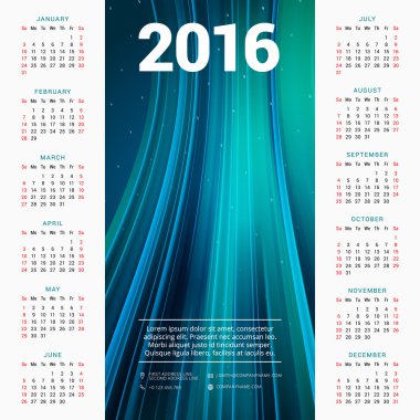 Takvim 2016 vektör tasarım şablonu. Hafta başlar Pazar