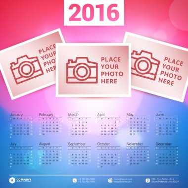 Takvim 2016 vektör tasarım şablonu. Hafta başlar Pazar