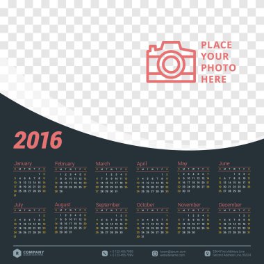 Takvim 2016 vektör tasarım şablonu. Hafta başlar Pazar
