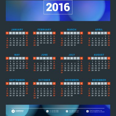 Takvim 2016 vektör tasarım şablonu. Hafta başlar Pazar