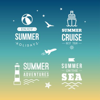 Yaz tatil tasarım öğeleri. Retro ve Vintage şablonları için etiketleri, rozetleri, Logotype