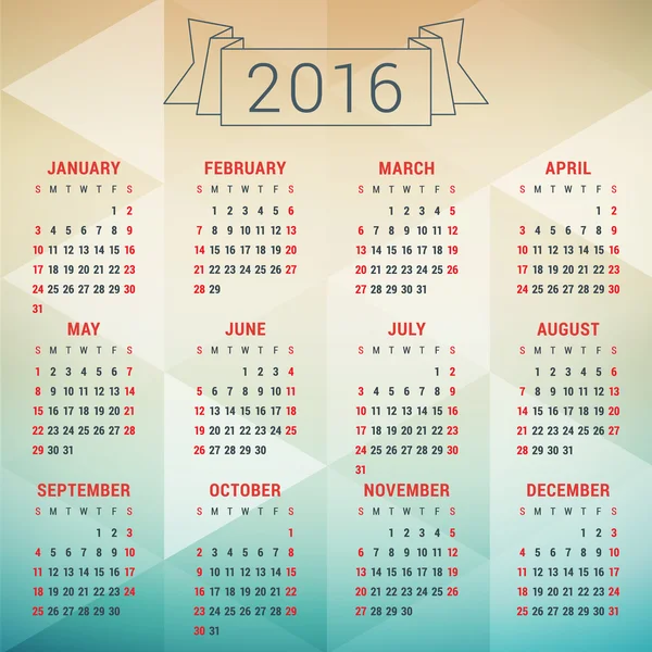 Kalender 2016 vector ontwerpsjabloon — Stockvector