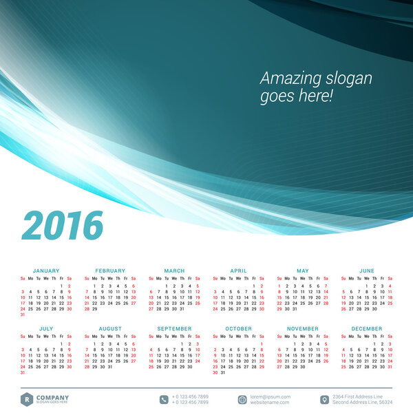 Calendar 2016 Vector Design Template. Week Starts Sunday