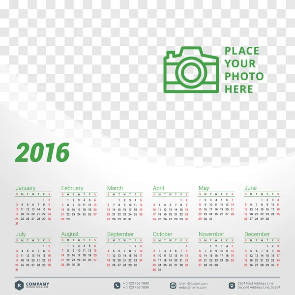 Calendar 2016 Vector Design Template. Week Starts Sunday — Stock Vector