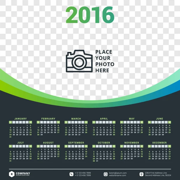 Ημερολόγιο 2016 διάνυσμα πρότυπο σχεδίασης. Αρχή της εβδομάδας Κυριακή — Διανυσματικό Αρχείο