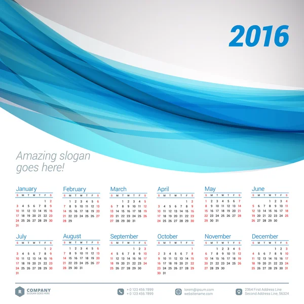 Kalendarz 2016 wektor wzór szablonu. Rozpoczyna się tydzień niedziela — Wektor stockowy