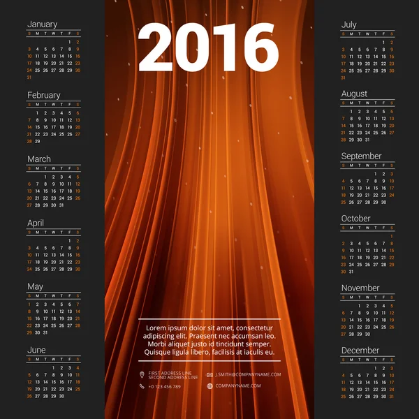 Kalender 2016 Vektor-Design-Vorlage. Woche beginnt am Sonntag — Stockvektor