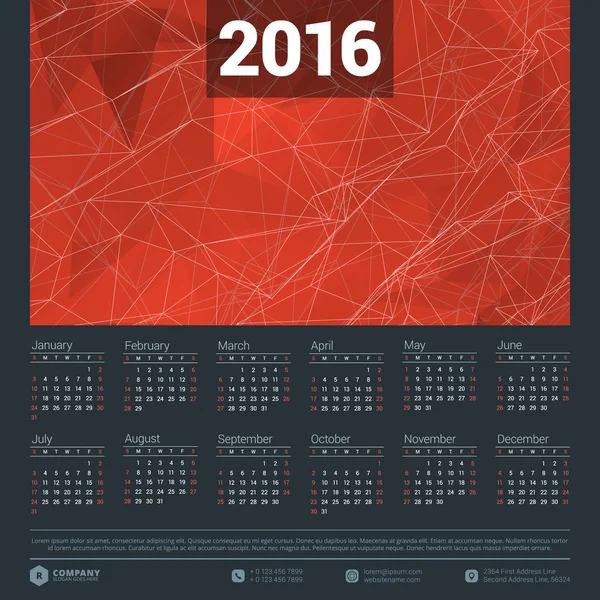 Takvim 2016 vektör tasarım şablonu — Stok Vektör