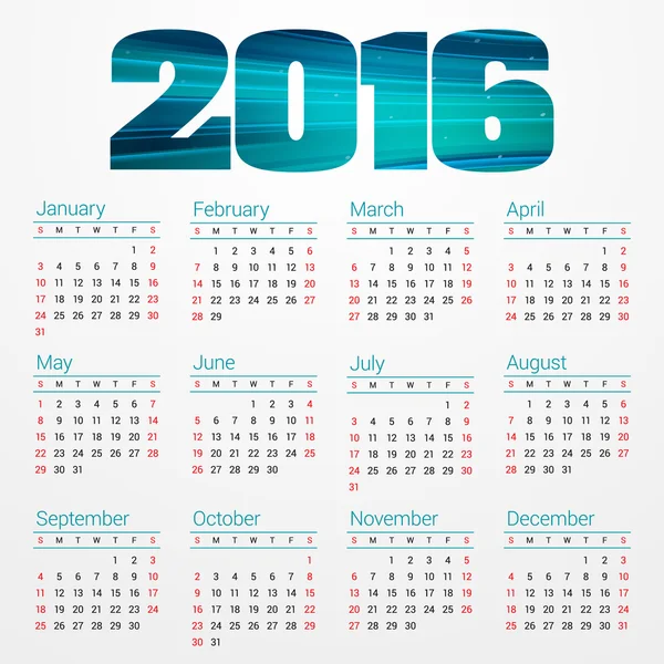 Calendario 2016 Plantilla de diseño vectorial. Semana comienza el domingo — Vector de stock