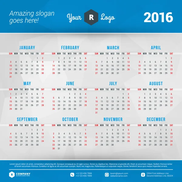 Kalender 2016 Vektor-Design-Vorlage. Woche beginnt am Sonntag — Stockvektor