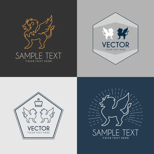 Set of Line Art Badge or Logo Template. Winged Lion. Thin Line Graphic Design — Stock Vector