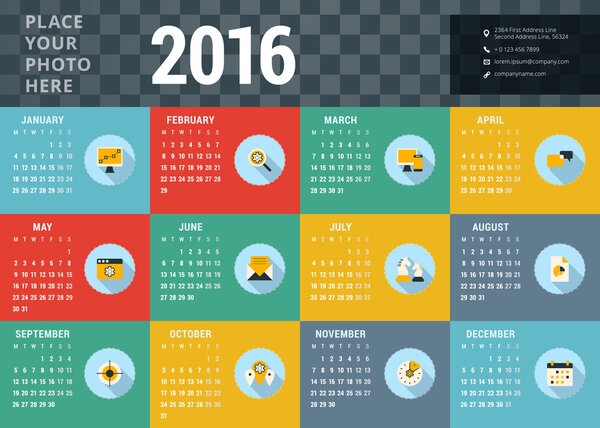 Vector Design Template. Calendar 2016. Week Starts Monday