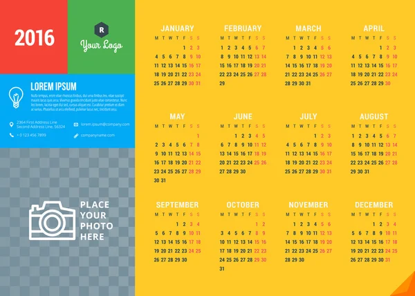 Шаблон векторного дизайну. Календар 2016 року. Тиждень починається понеділок — стоковий вектор