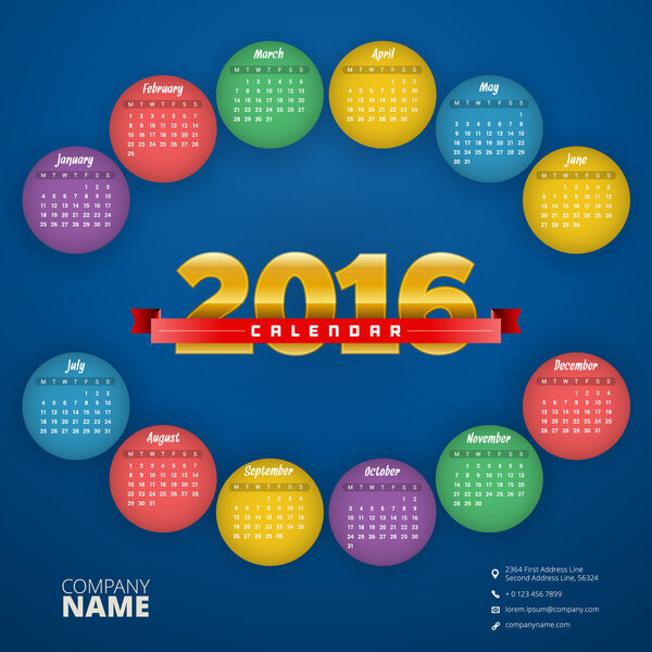 Vector Design Template. Calendar 2016. Week Starts Monday