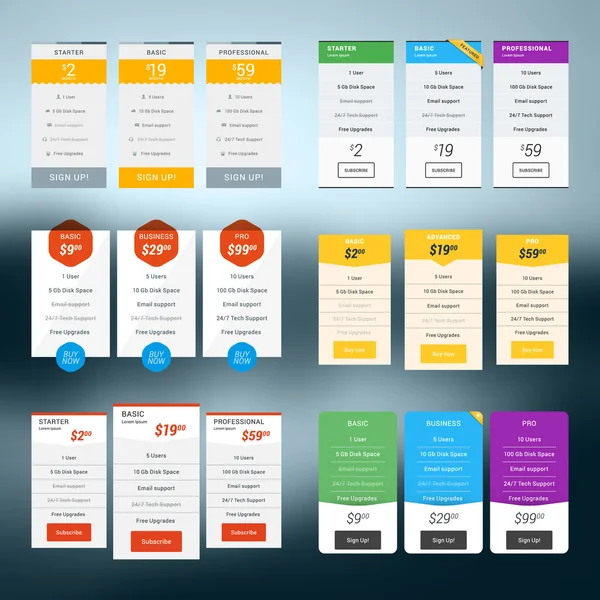 Conjunto de tabla de precios vectoriales en diseño plano para sitios web y aplicaciones — Vector de stock