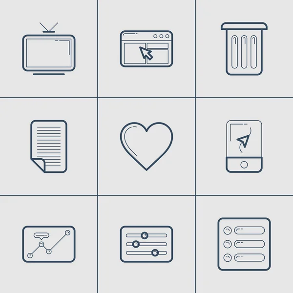 Set van moderne vector dunne lijn iconen. TV, apps, Prullenbak, document, favoriet, navigator — Stockvector