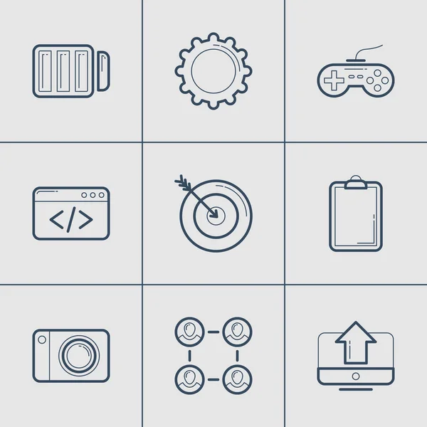 Conjunto de ícones modernos de linha fina vetorial. Bateria, Jogo, Código, Alvo, Social, Carregar — Vetor de Stock