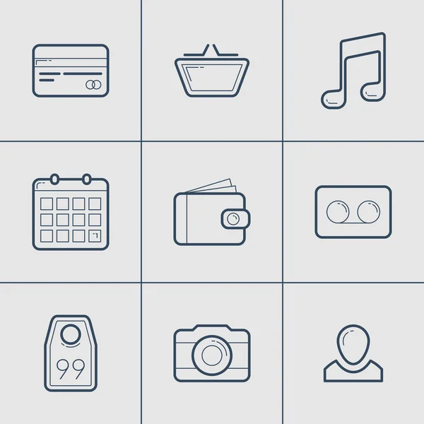 現代ベクトル細い線アイコンのセットです。ショッピング、カメラ、タグ、ユーザー、カード、お金 — ストックベクタ