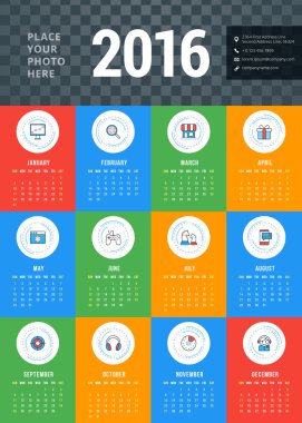 vektör tasarım şablonu. Takvim 2016. hafta Pazar günü başlar