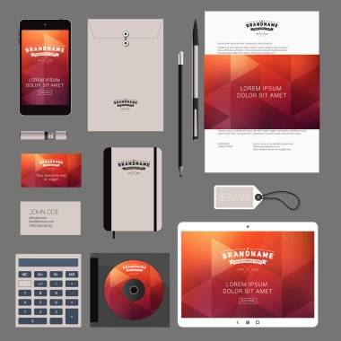 Kırmızı vektör kurumsal kimlik şablon tasarımı ince çizgi logo ve soyut poligonal arka plan ile