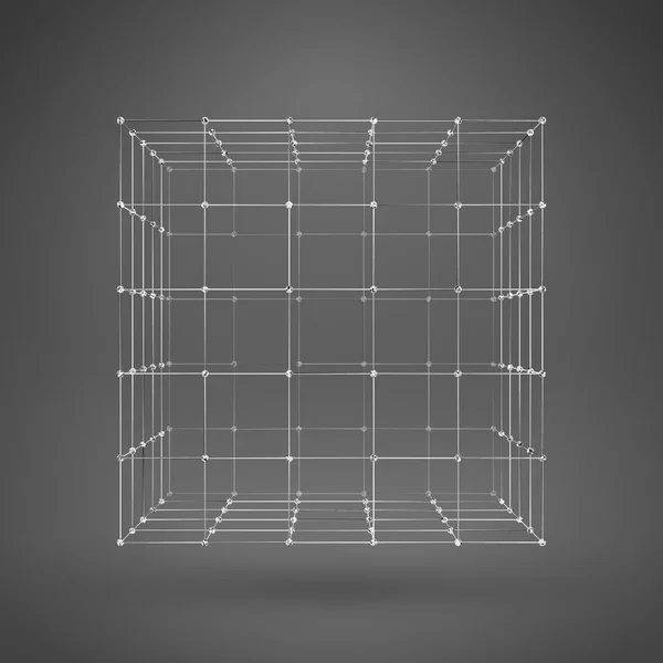 3D Cube with Lines and Dots. Vector Wireframe Polygonal Element — Stock Vector