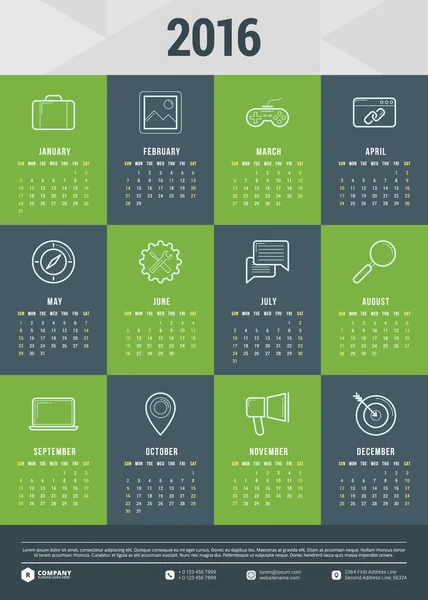 Vector Design Template. Calendar 2016. Week Starts Sunday — Stockový vektor